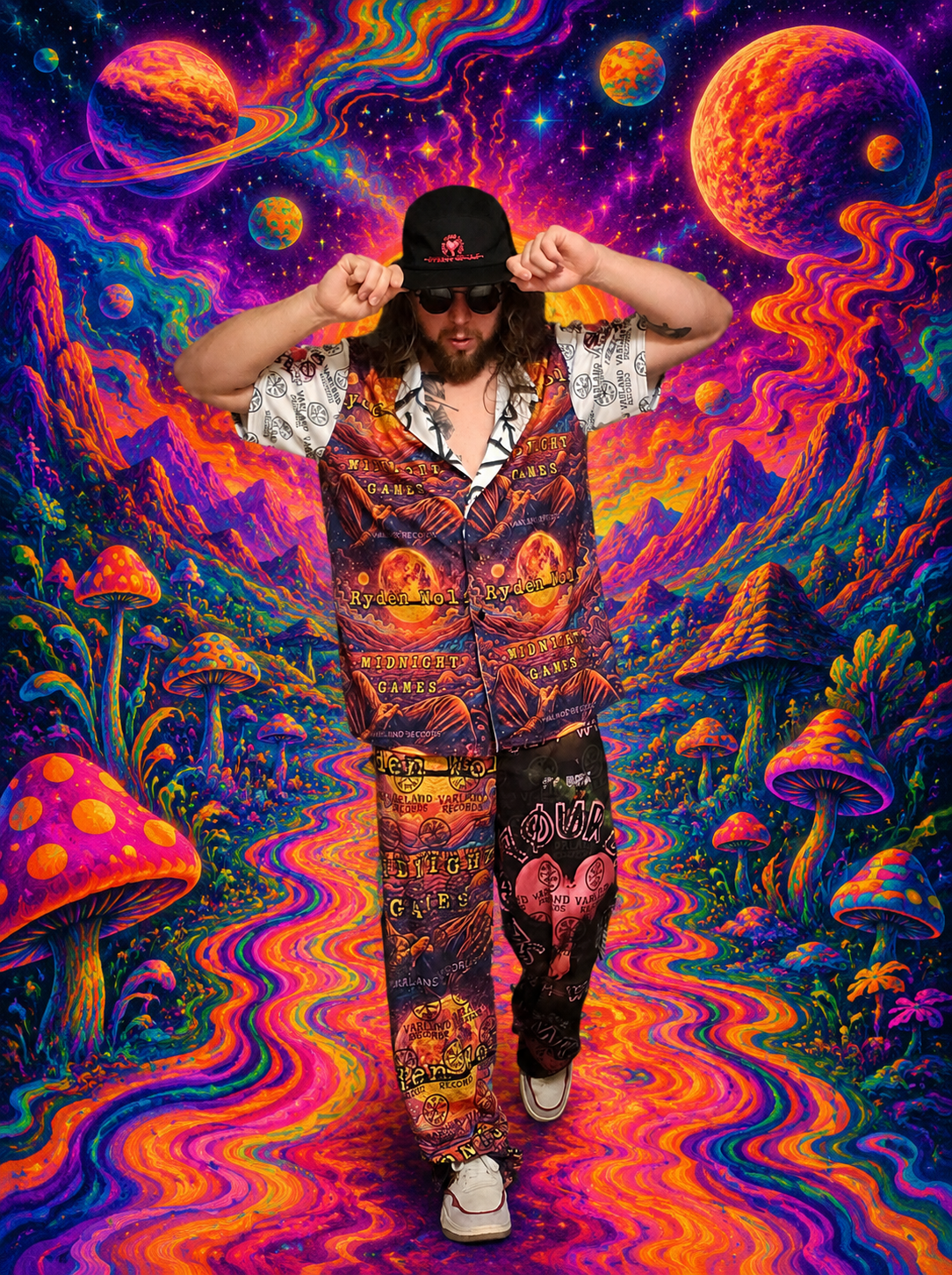 Supporter wearing Ryden Wolf Midnight Games merchandise and a black hat against a colorful psychedelic space background